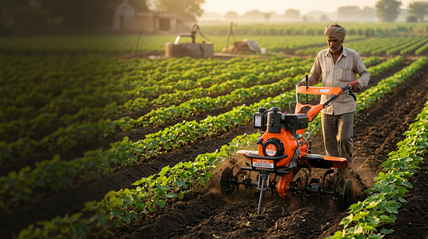 Realish Power Weeder in a green Indian farm field