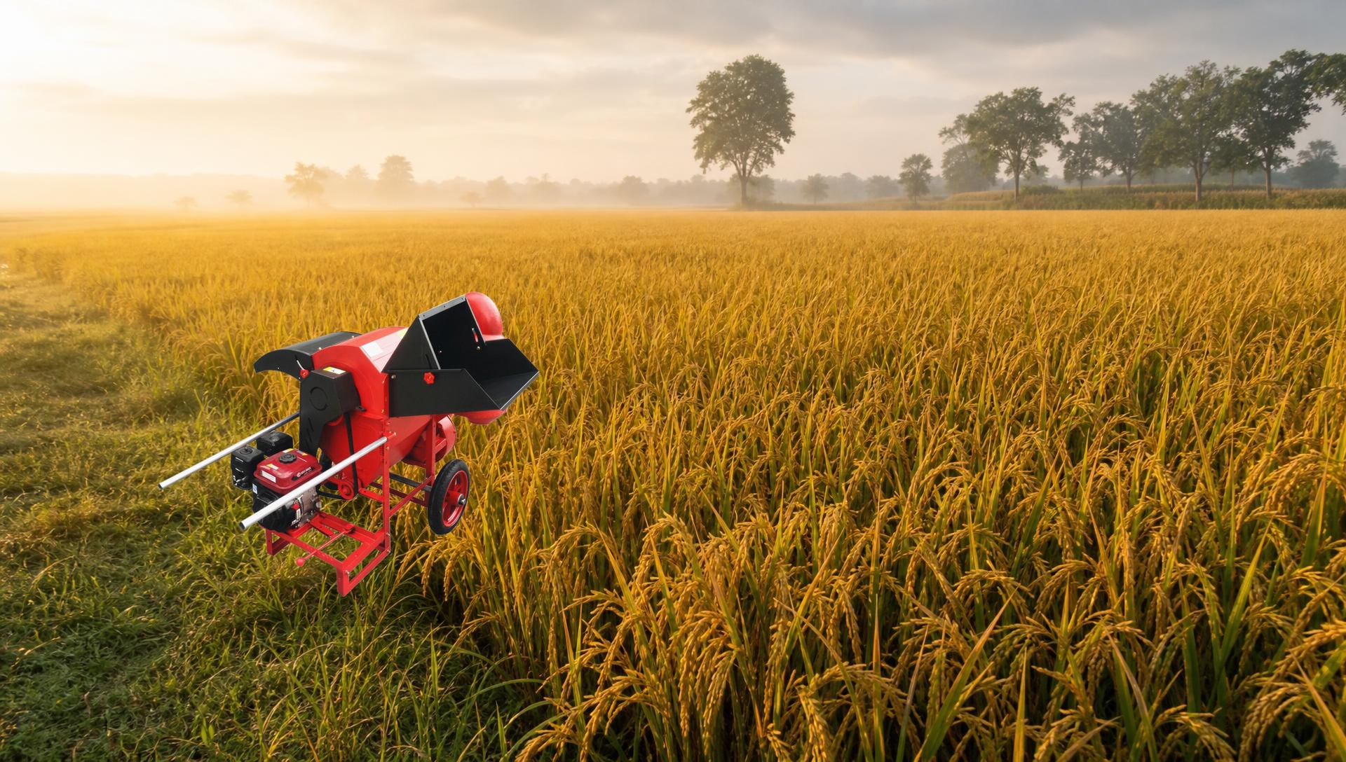 Realish Paddy Thresher in a golden paddy field